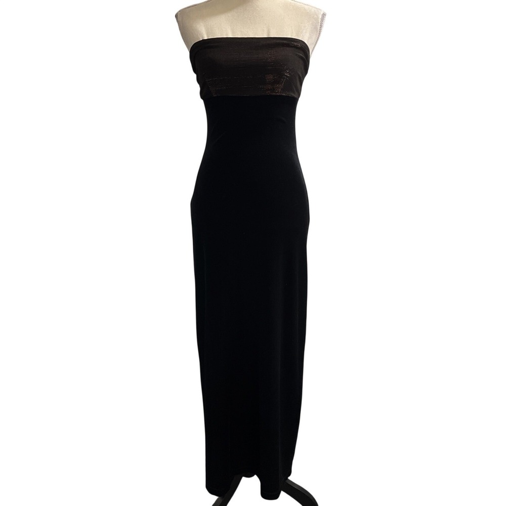 Vintage All That Jazz Y2K Dress Black Velvet Strapless Maxi Metallic Babydoll‎